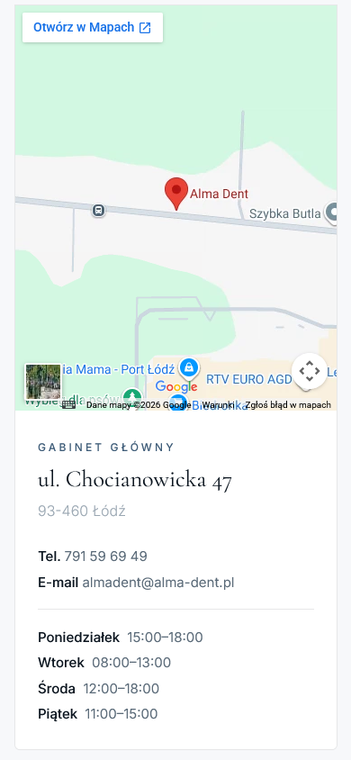 Widok mobilny — kontakt i dojazd